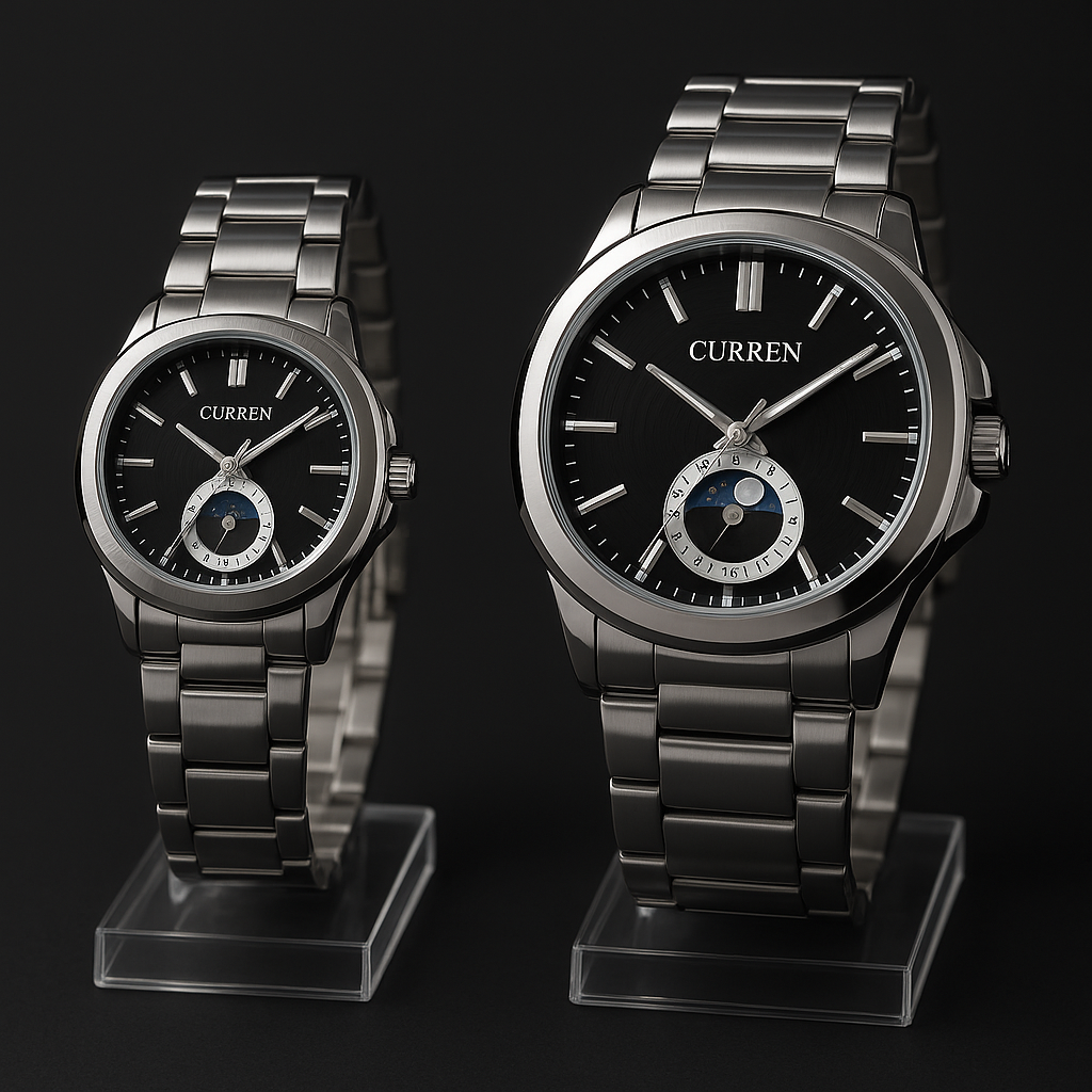 Curren Stainless Steel Couple Watch Set With Moonphase Design – Black Dial (with Box)