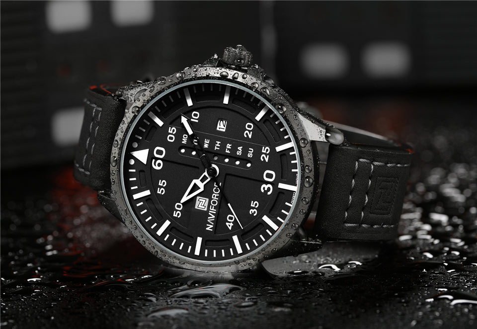 NAVIFORCE Waterproof Military Sport Quartz Men's Watches With Leather Strap White
